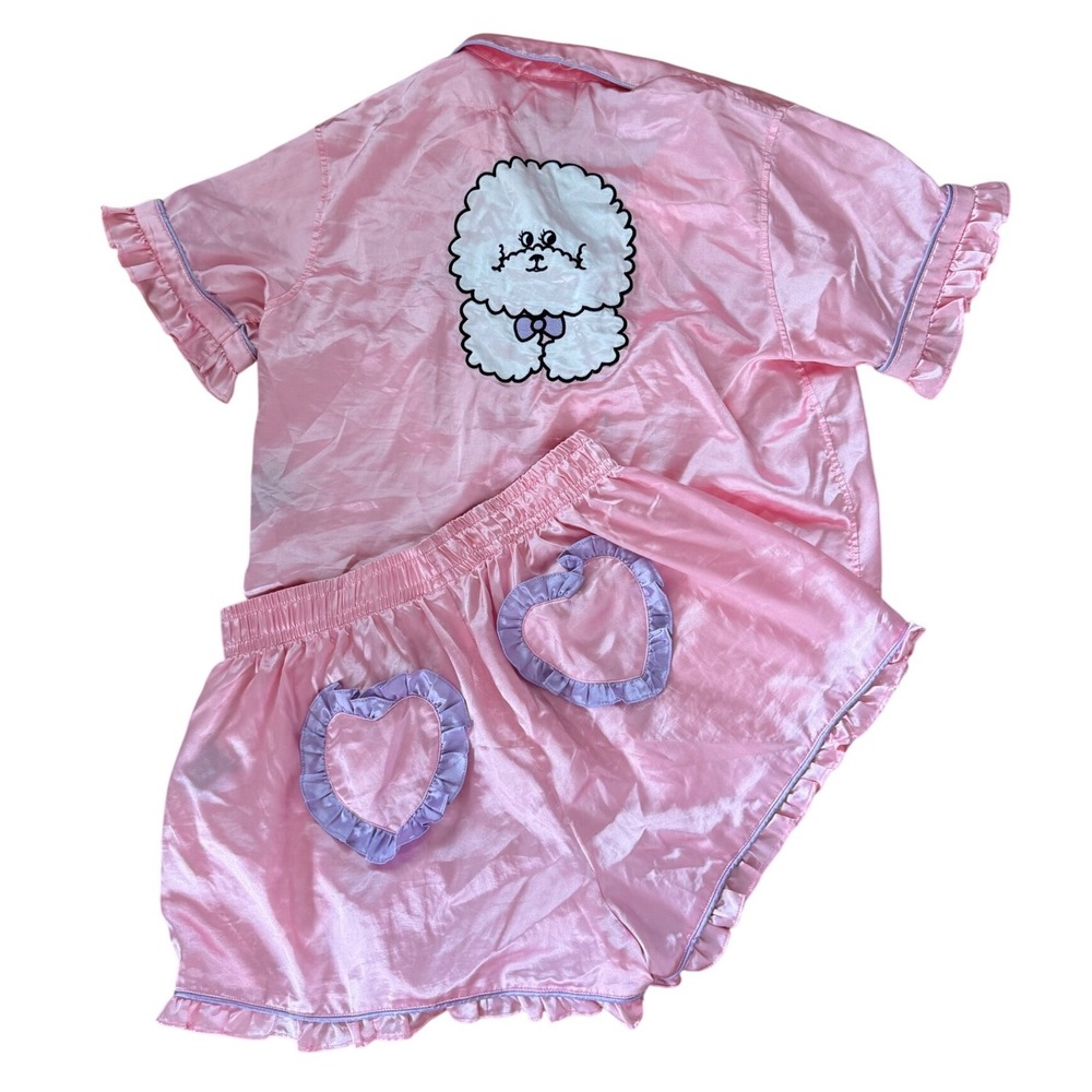 Lazy Oaf Pink Satin Poodle Pajama Set Heart Ruffle Shorts‎ Kawaii